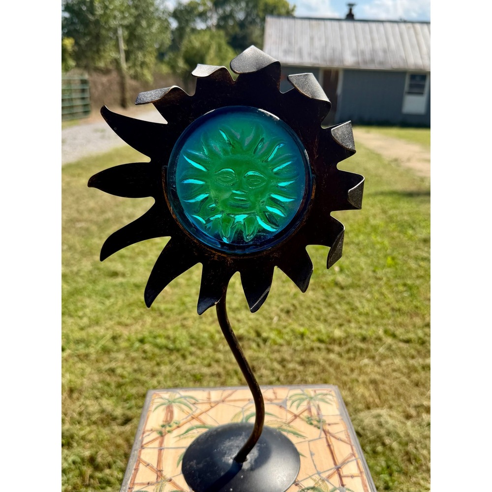 Vintage Sun Face Teal Glass Metal Candle Holder Stand Celestial Sunburst Bronze